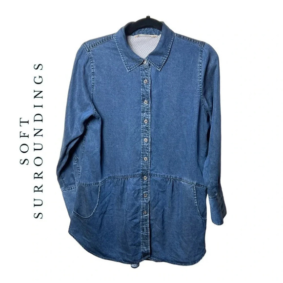 1252. SOFT SURROUNDINGS DENIM BUTTON UP TOP ROUND BOTTOM POCKETS SIZE SMALL BLUE - Picture 1 of 10